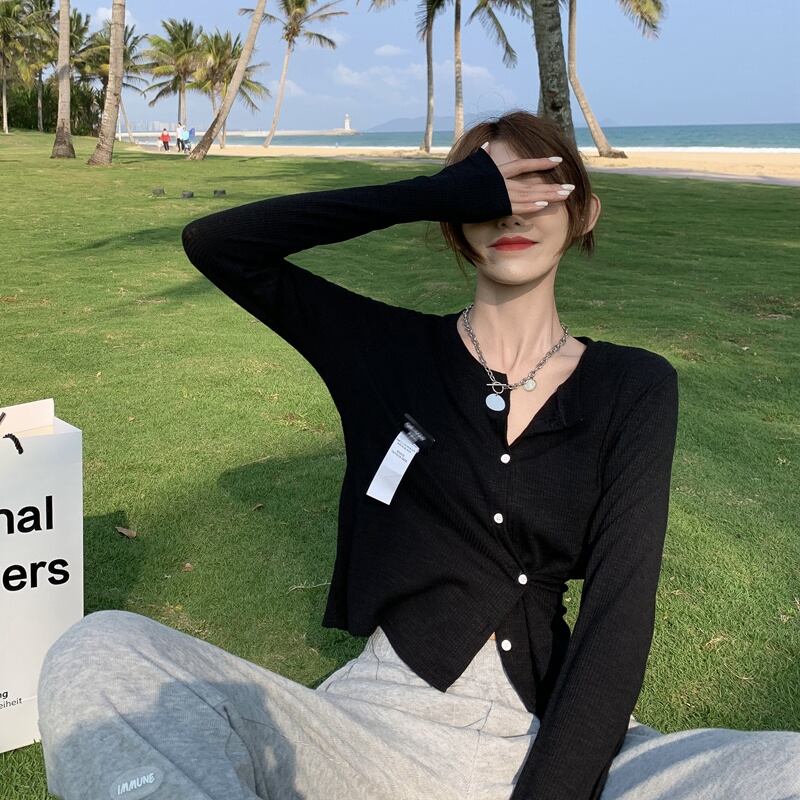 ニットセーター スリムショートブラックカーディガンジャケット サマー薄手トップス ロング 夏物 ブラックストロベリース15635316729