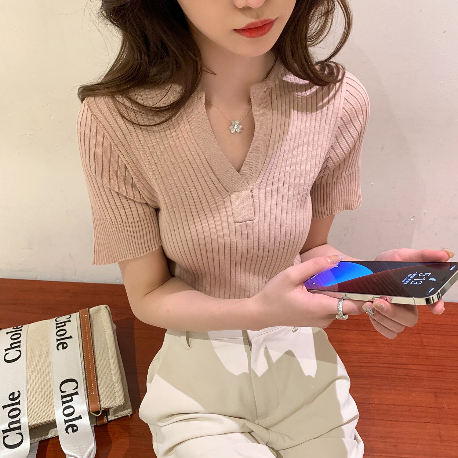 Vネックスリムニットセーター スプリングスタイルショートブラウス 春物 6Du_Shop_Women3244170929