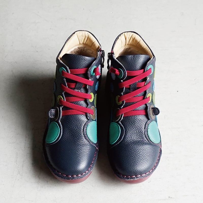 Estacion エスタシオン 水玉モチーフ本革レースアップショートブーツ