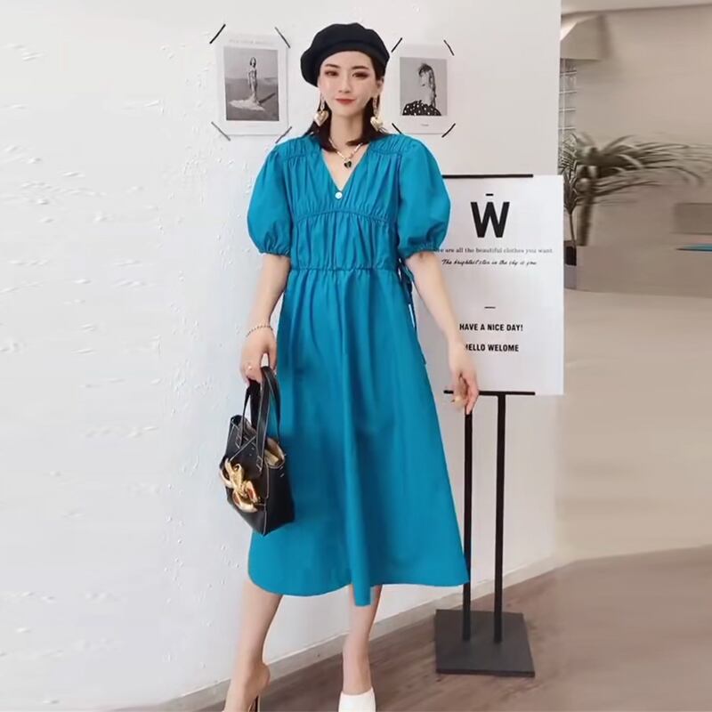 サマードレス スタイルルーズVネックスカート ランタンスリーブ 大きめサイズ 夏物 ミックスインファッション62698456689