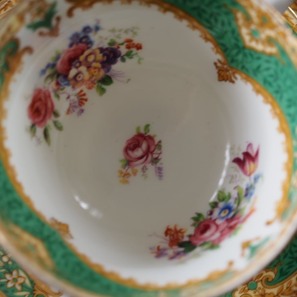 英国Paragon】パラゴン 1940年代製グリーン＆金彩フローラル トリオ