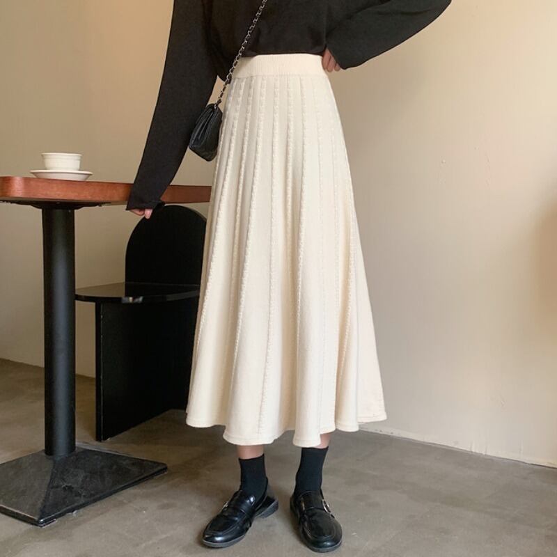 ニットスカート スプリングオータムハイウェスト薄手Aラインプリーツ 春物 秋物 1号婦人8928998190