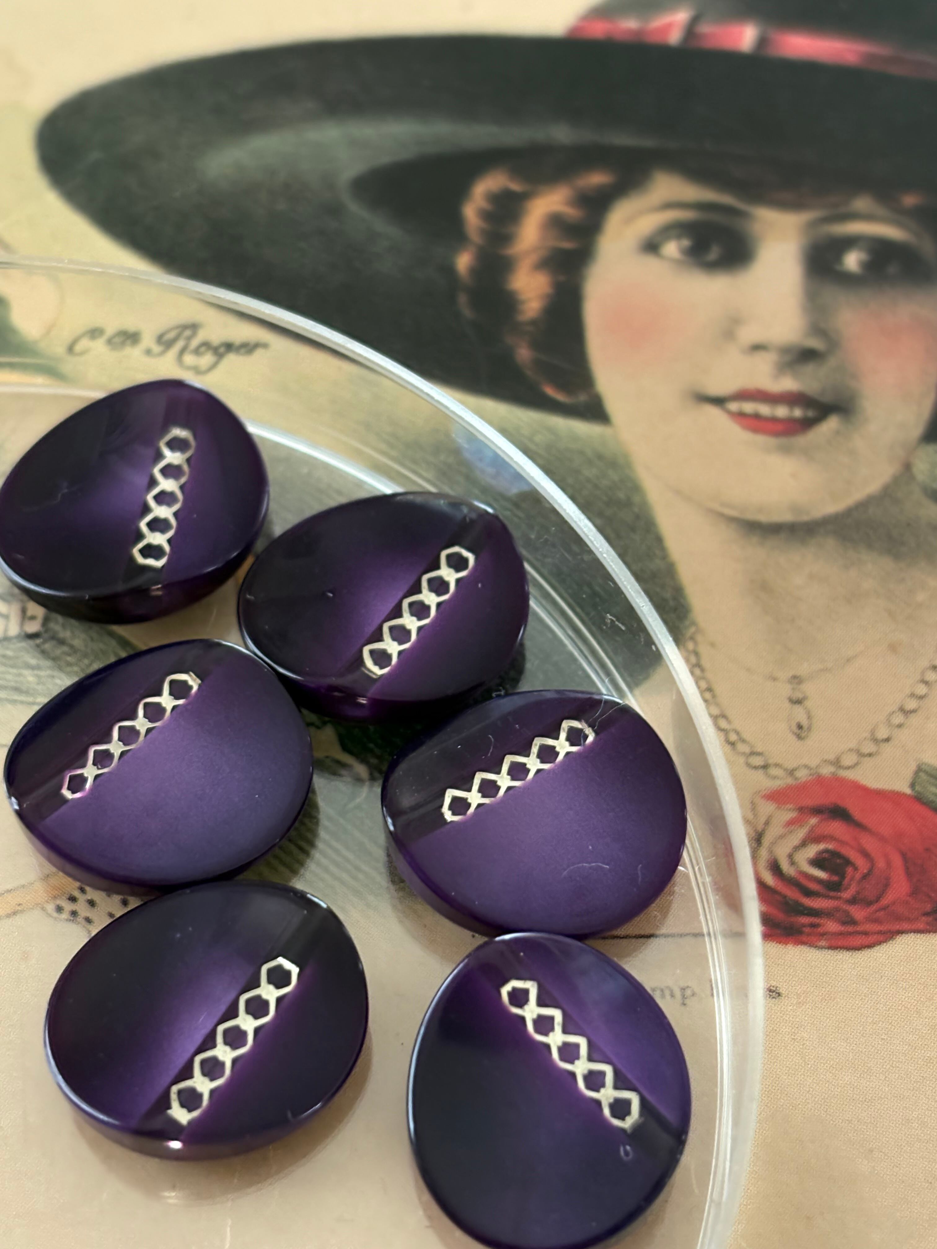 Japanese Vintageボタン レトロボタン 14mm×17mm パープル×シルバー オーバル型 アクセサリーパーツ デコレーション材