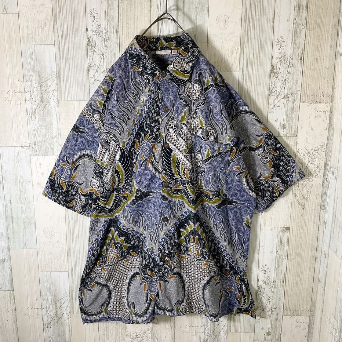 柄シャツ メンズ 半袖 M 青 古着 総柄 和柄 ペイズリー柄 ヴィンテージ 