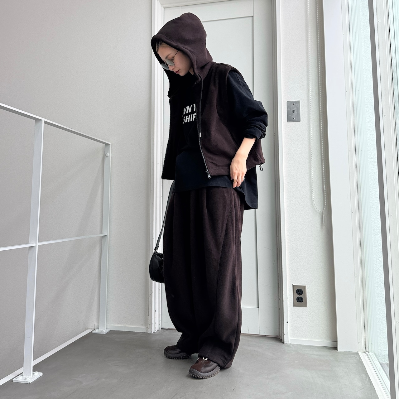 ワイドシルエット切替フリースPT/ブラウン