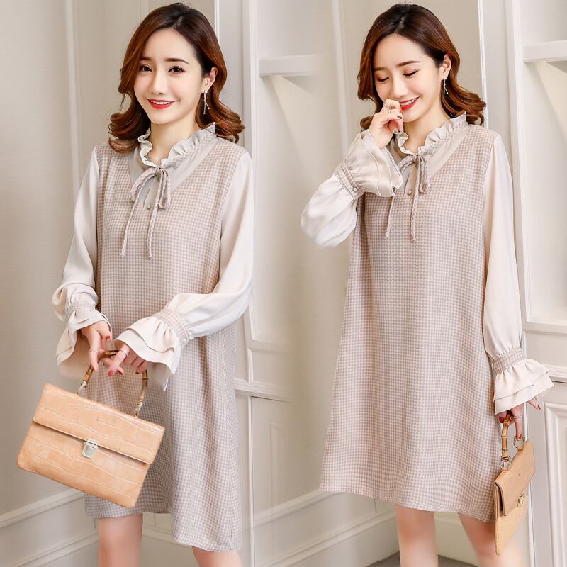 【新作】【送料無料】 マタニティマルドレスフリルスタンドカラーロングフレアスリーブシフォンパッチワークチェック柄妊婦ドレス2119-A-1802＃45 ラッフル AL expec39725047349