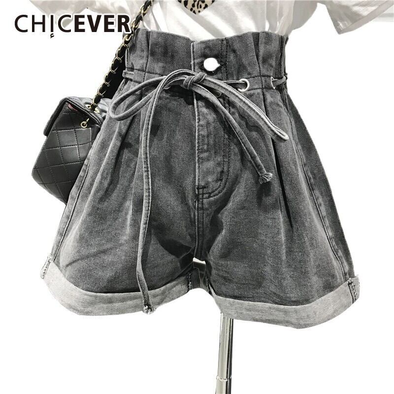 CHICEVER春の女性デニムショートパンツウエストレースアップドローストリングボタンポケット付きルーズワイドレッグパンツ2020 スプリング 春物 ワイドパンツ 6base55080937598