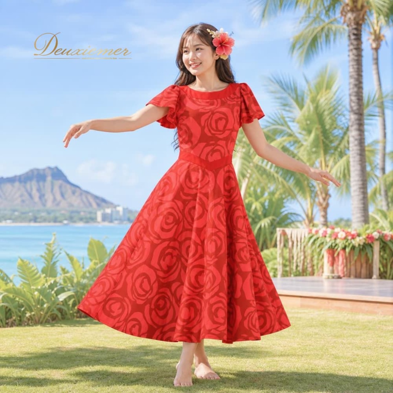 フラダンス 衣装 Maunaloa マウナロア ワンピース ドレス レッド系 ワントーン ロケラニ柄 花柄 フリル おしゃれ きれい かわいい 華やか 鮮やか 明るい 赤 ハワイアン アロハ ハワイアンプリント フラ ダンス レッスン 練習 フラワープリント