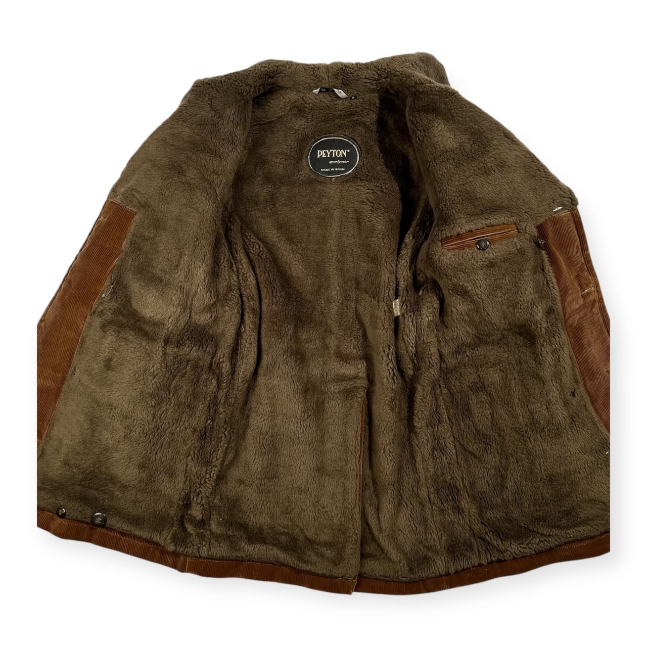 PEYTON sportswear スペイン製 コーデュロイ ダブル ランチ コート 裏ボア フリース S /ブラウン/ビンテージ/ベルト付き