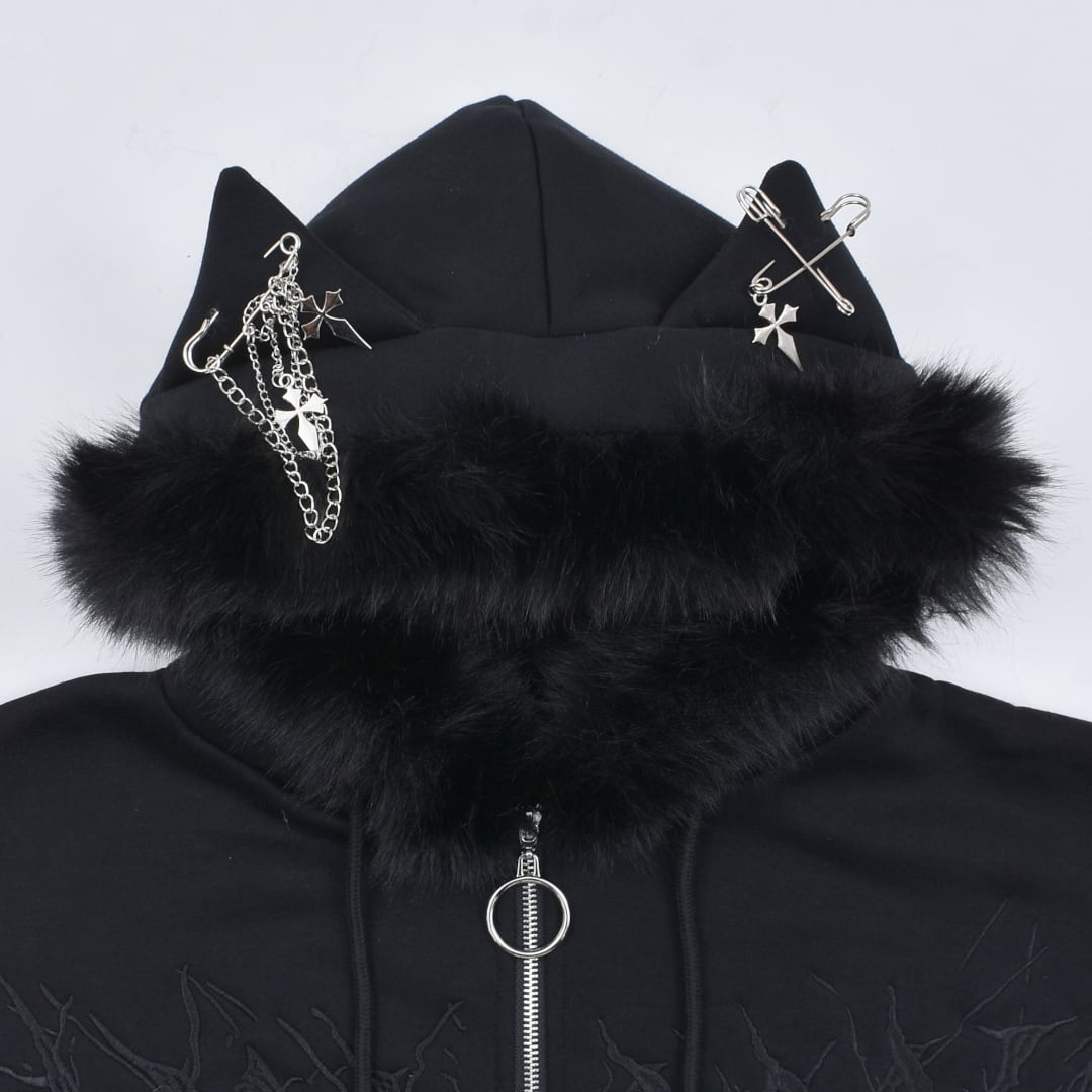 12/15新着】サブカル刺繍☆ネコ耳フードファーZIPパーカー(裏起毛