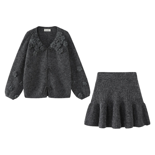 全3色/SET◆Flower v-neck knit setup　B780