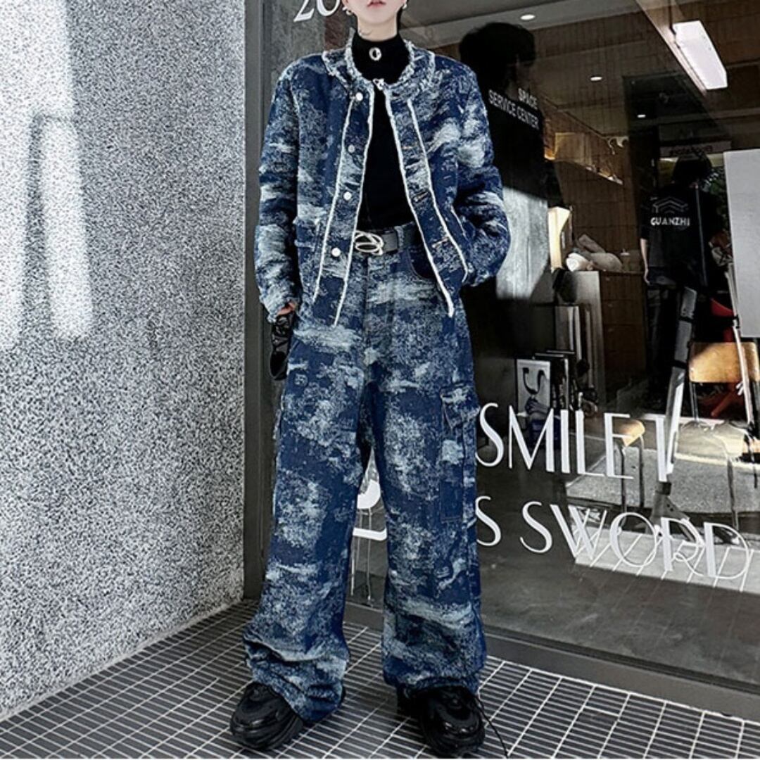 ダメージフリンジデザイン ノーカラーデニムセットアップ 2カラー 
