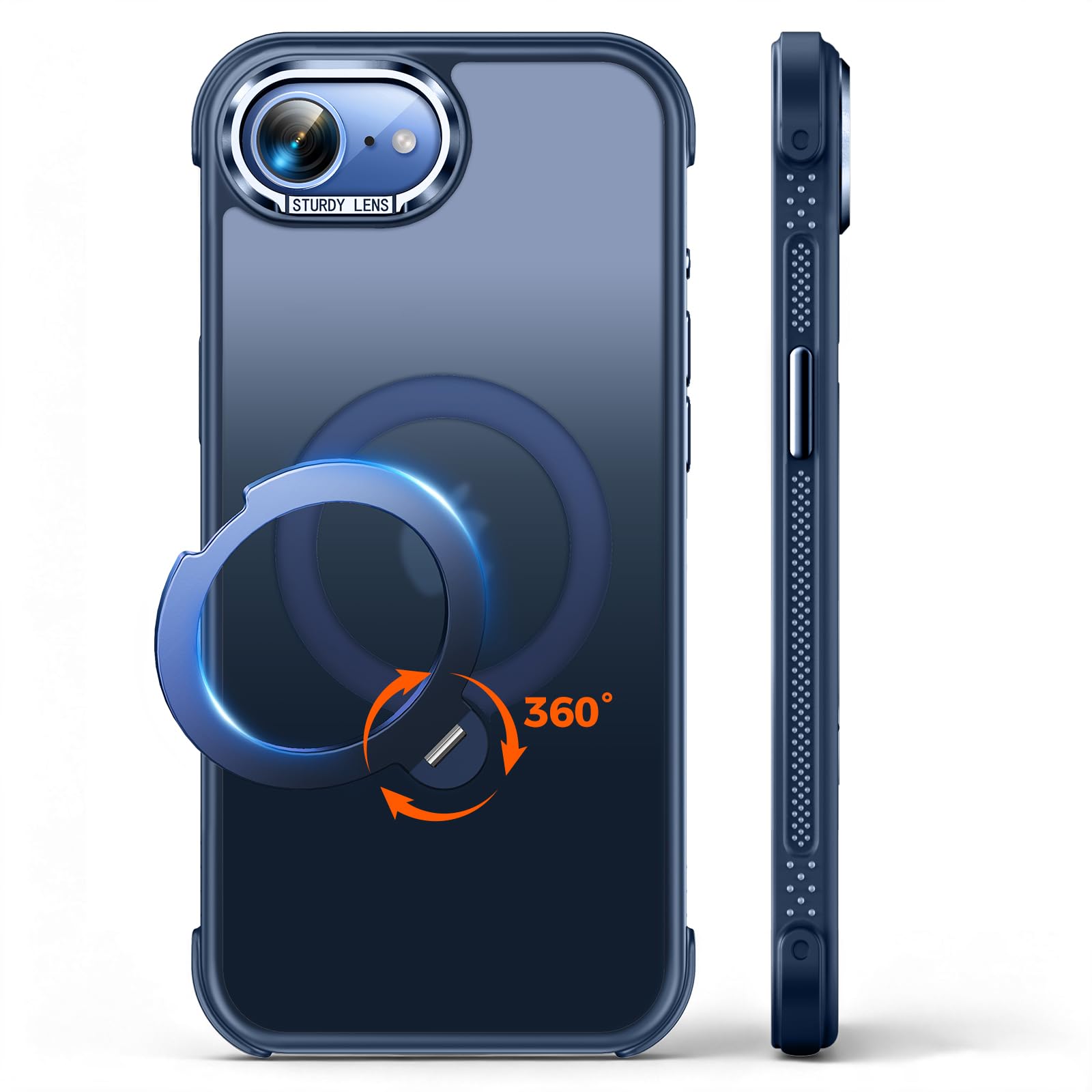 【新型TPUバンパー・安全性 】Cutelfon iPhone 16E / 17E ケース 3倍米軍規格認証 耐衝撃 MagSafe対応 ワイヤレス充電 いphone16E / 17E ケース 360°回転【横縦両立・角度自由調整】黄ばみなし 傷防止 アイフォン16E / 17E ケース 対応 半透明のマット背面 薄型 iPhone 16E / 17E 6.1インチ用 ブルー
