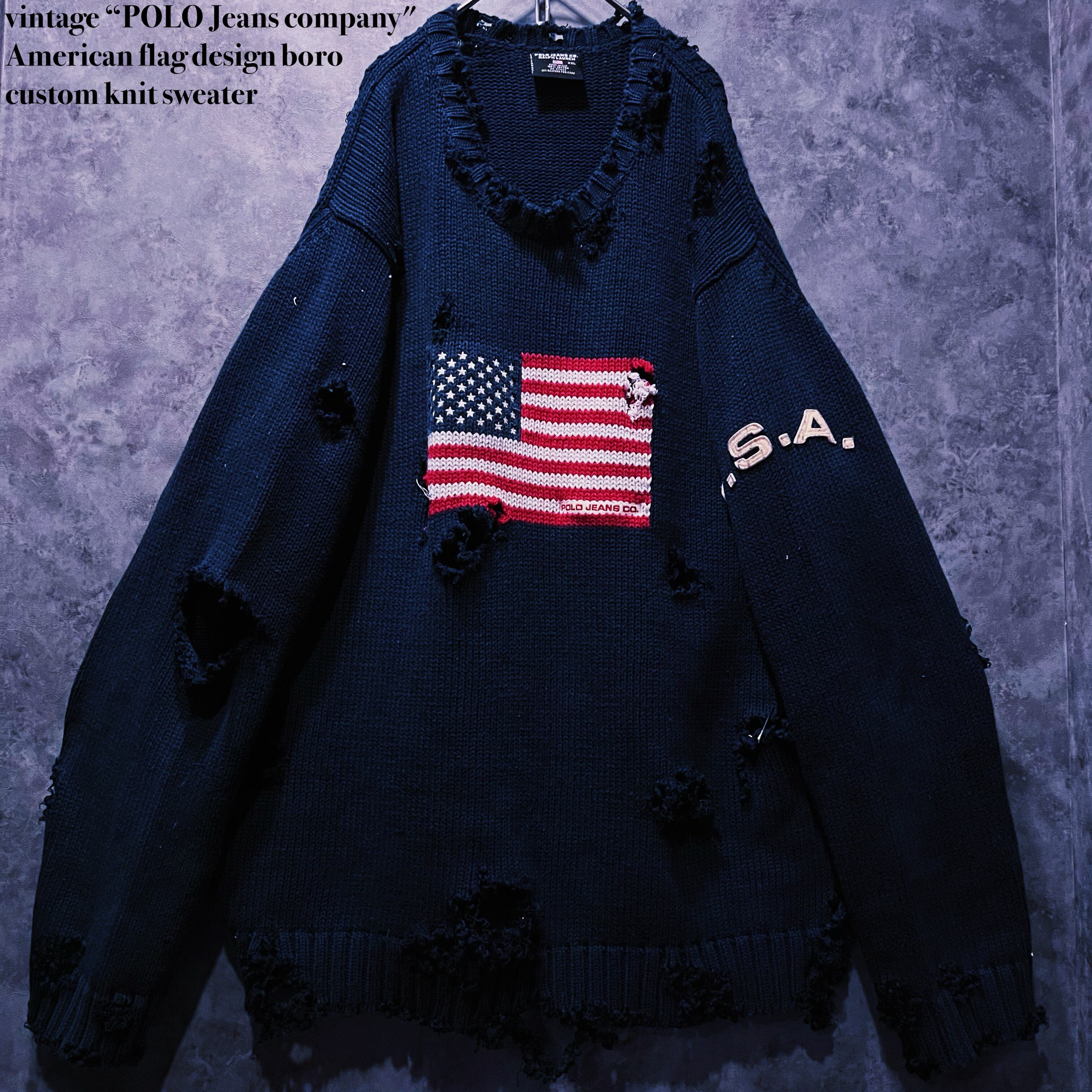 【doppio】vintage “POLO Jeans company" American flag design boro custom knit sweater