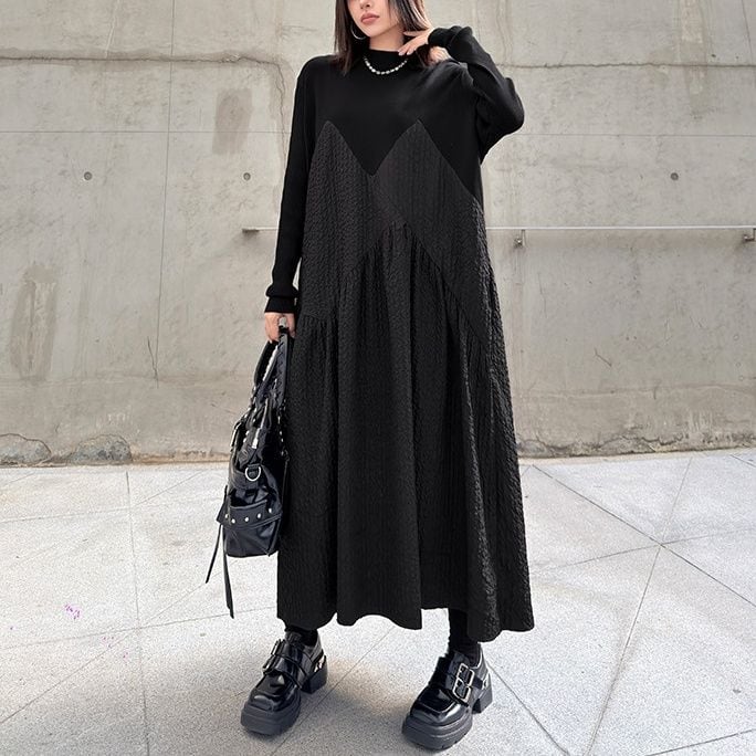 ASYMMETRIC TEXTURED PANEL A-LINE LONG DRESS M-18753