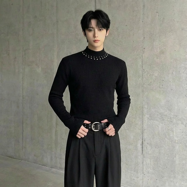 パールネック装飾 ボトルネックリブニット D12075