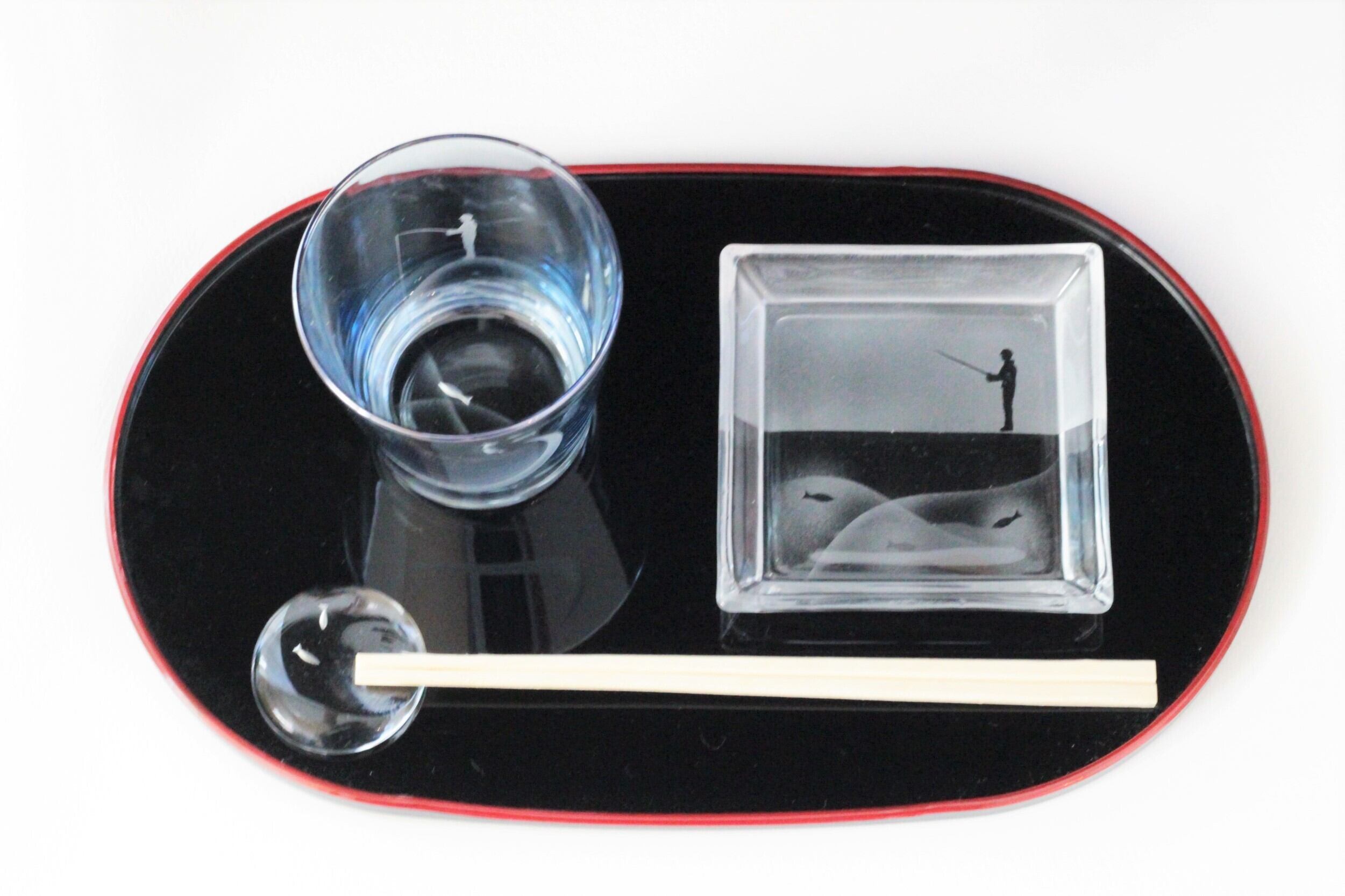 【釣り好きギフトセット】三日月夜のさかなつり 水色 コップ&小皿 釣り好きさん 大漁記念に