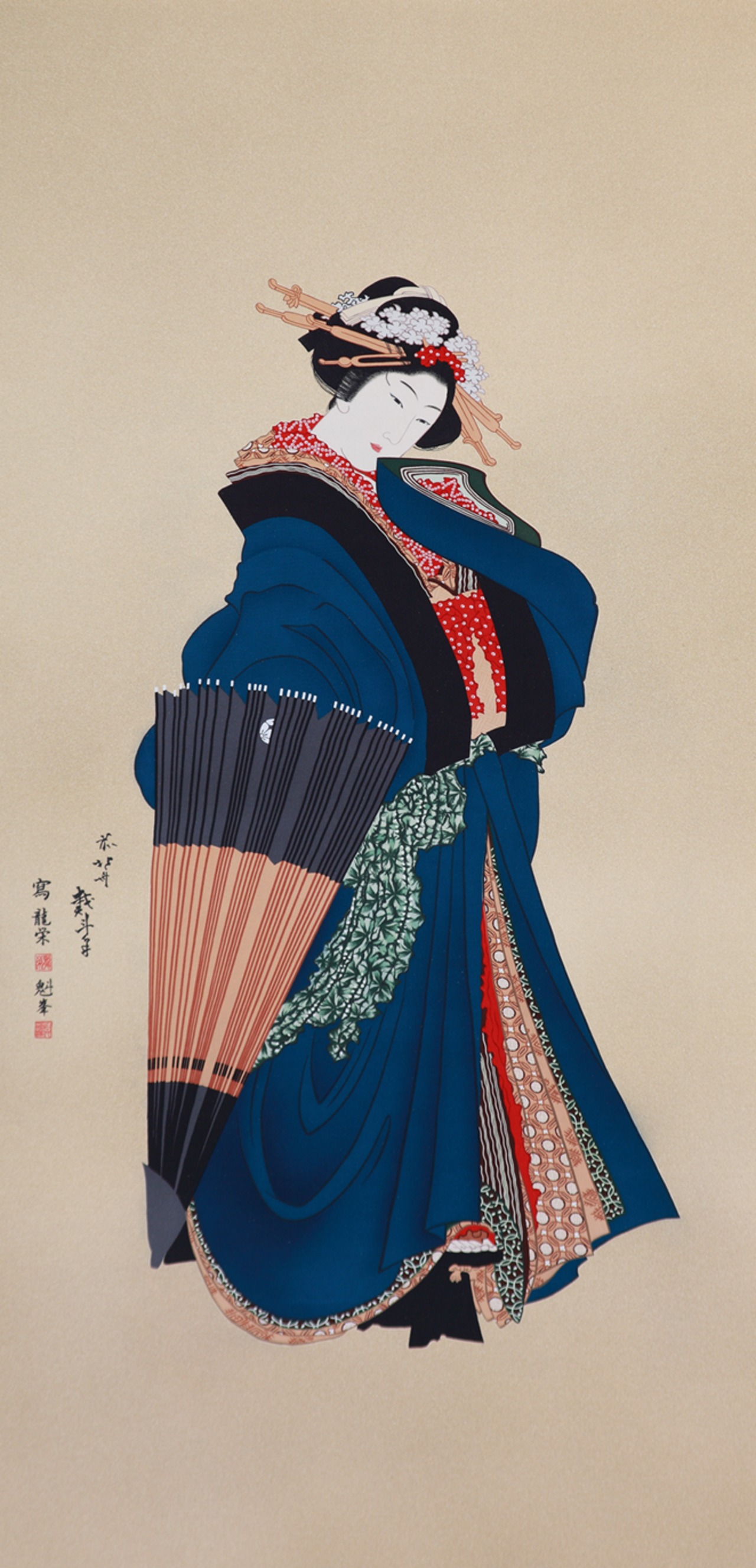 友禅浮世絵屏風 『北斎六美人競べ』（六曲一隻 ）