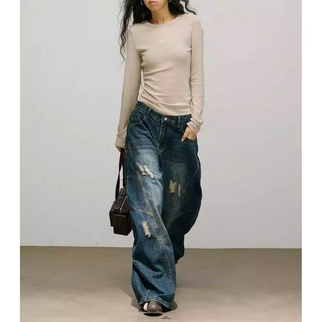 パネルデザインダメージカーブデニムパンツ 2col   R01870