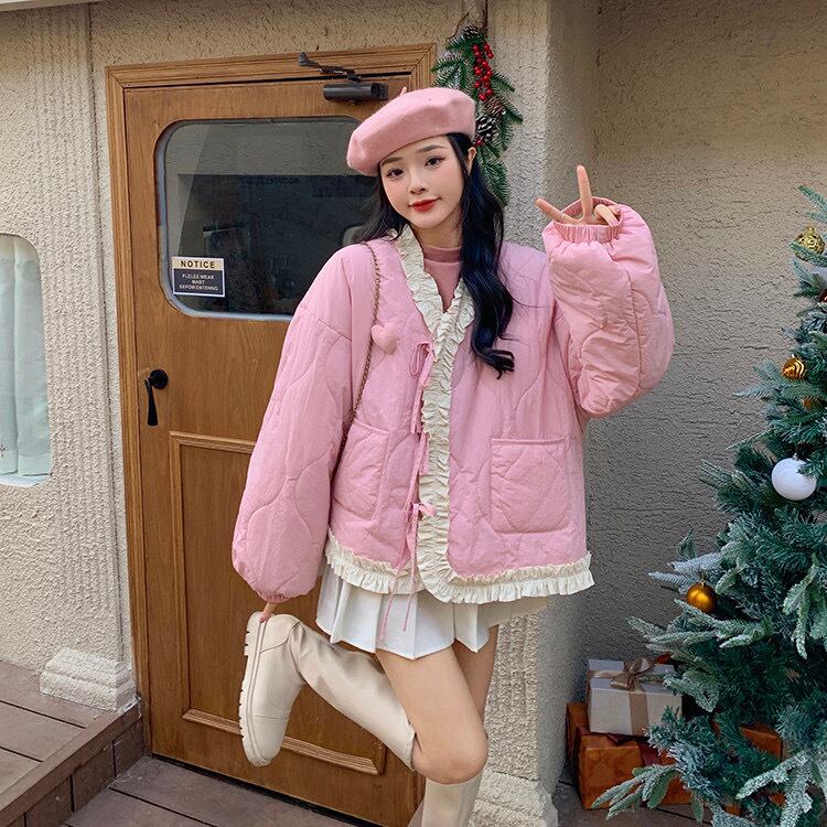 ピンク アウター ダウン ジャケット リボン リボン コート ガーリー