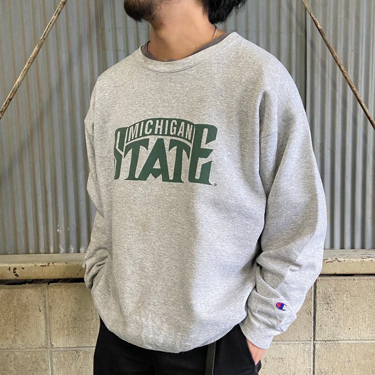 Champion チャンピオン カレッジロゴプリント スウェットシャツ メンズL 古着 MICHIGAN STATEトレーナー グレー  緑【スウェット】 | cave 古着屋【公式】古着通販サイト