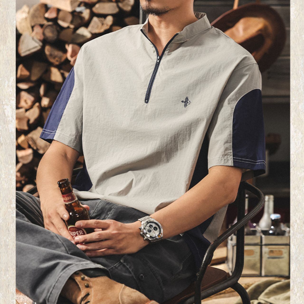 配色デザイン ハーフジップ 半袖シャツ 4XLまで対応 A19112