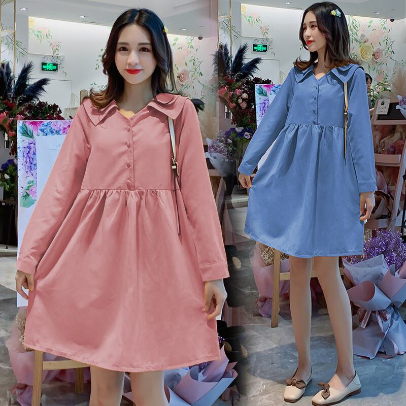 【新作】【送料無料】 妊娠中の女性の甘いドレス長袖ダブルレイヤーターンダウンカラーウエスト長袖マタニティコットンドレス2125-8187＃45 ロング 大人ガーリー スウィート キュート カジュアル AL expec386668651947