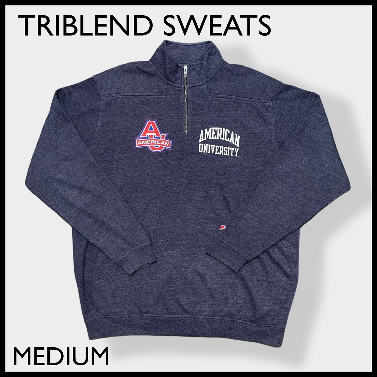 【TRIBLEND SWEATS】カレッジ アメリカン大学 カレッジロゴ AMERICAN UNIVERSITY ハーフジップ スウェット プルオーバー 刺繍ロゴ MEDIUM US古着