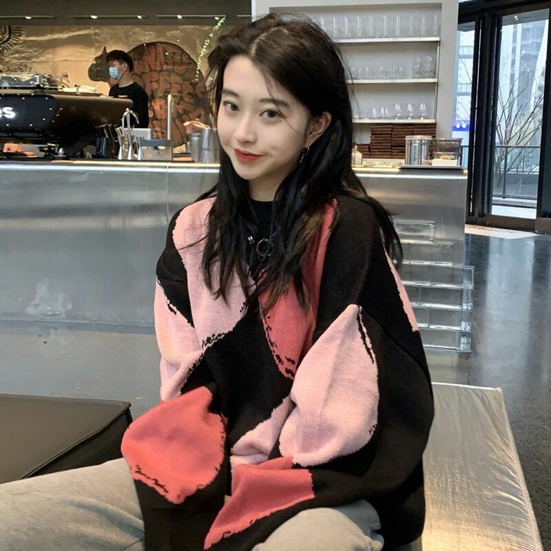 プルオーバー ルーズスタイルスプリングオータムスタンダードニットトップス ロング レトロ 春物 秋物 試着室7365022017