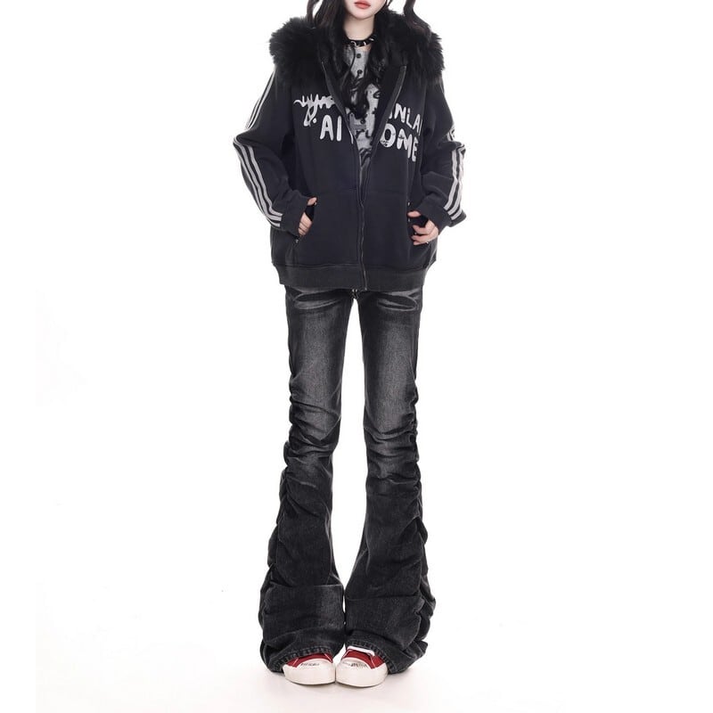 Side gathered denim flared pants r0094