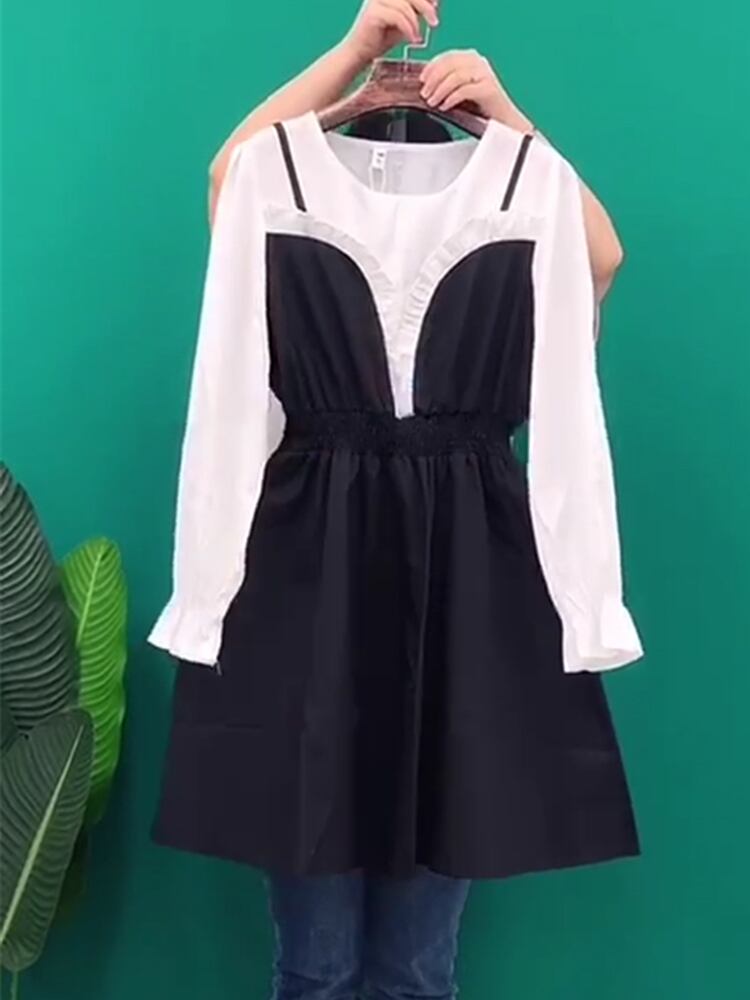 スカート スプリングドレス ロング 大きめサイズ 春物 ステッチ ミックスインファッション84750017836