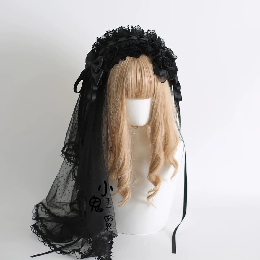 ゴスロリ 黒薔薇ロングベール ヘッドドレス お茶会向け