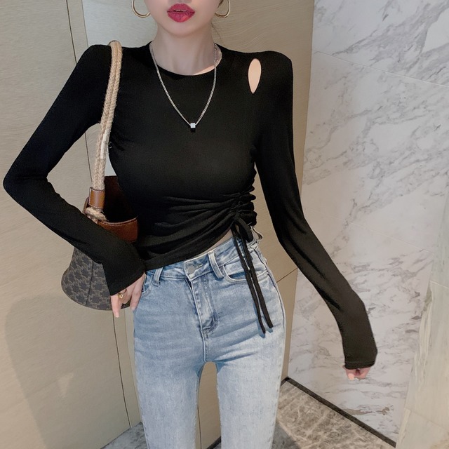 Tシャツ オータムギャザーラウンドネックブラウス レディース ロング 秋物 Oネック オフショルダー Xiaofeijia78667012541