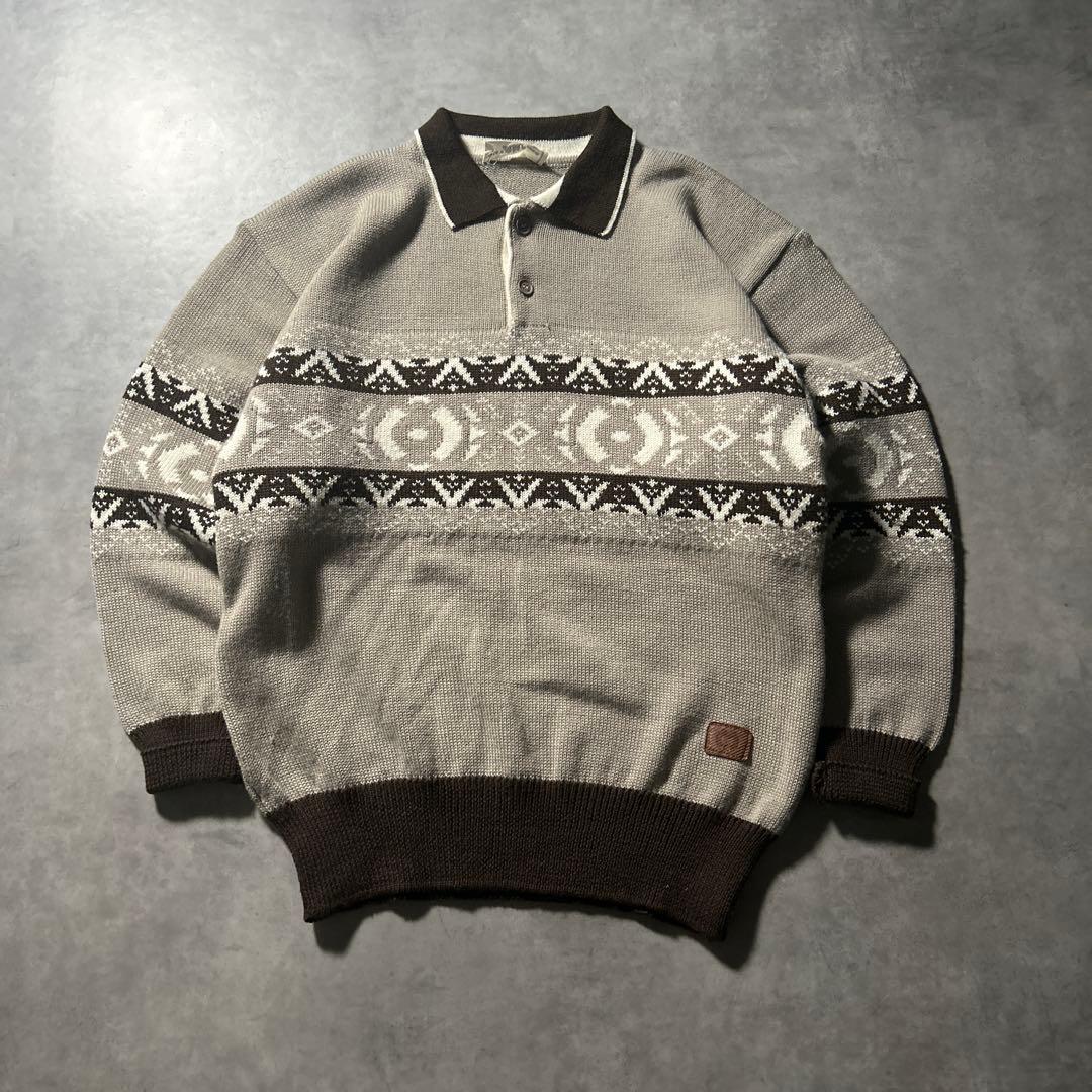 イタリア製 ウール ヴィンテージ ニット ユーロ ノルディック ポロシャツ