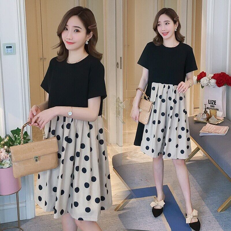 【新作】【送料無料】 8916＃マタニティドレスサマーコットン半袖ルーズスタイリッシュ水玉ドレス妊婦ママドレス ショート ハーフスリーブ 夏物 AL expec399975375987