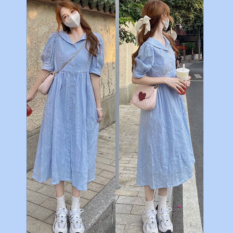 ネイビーカラースタイルスリーブドレス サマーロング薄手ウェストスカート 夏物 萌量不足17391851312