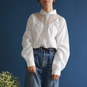 【送料無料】 Vintage white cotton blouse with tulle yoke(アンティーク 古着 チュール ヨーク ブラウス)