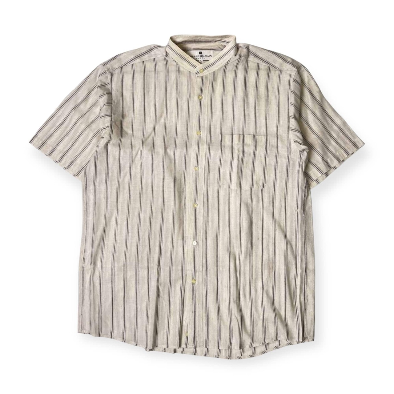 リネン混 PIERRE BALMAIN ピエールバルマン ストライプ バンドカラー 半袖シャツ L/アイボリー系 メンズ CHOYA