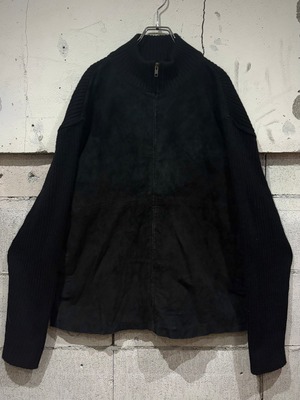 【Caka otto】 Suede Leather Swiching Vintage Zip Up Knit Jacket