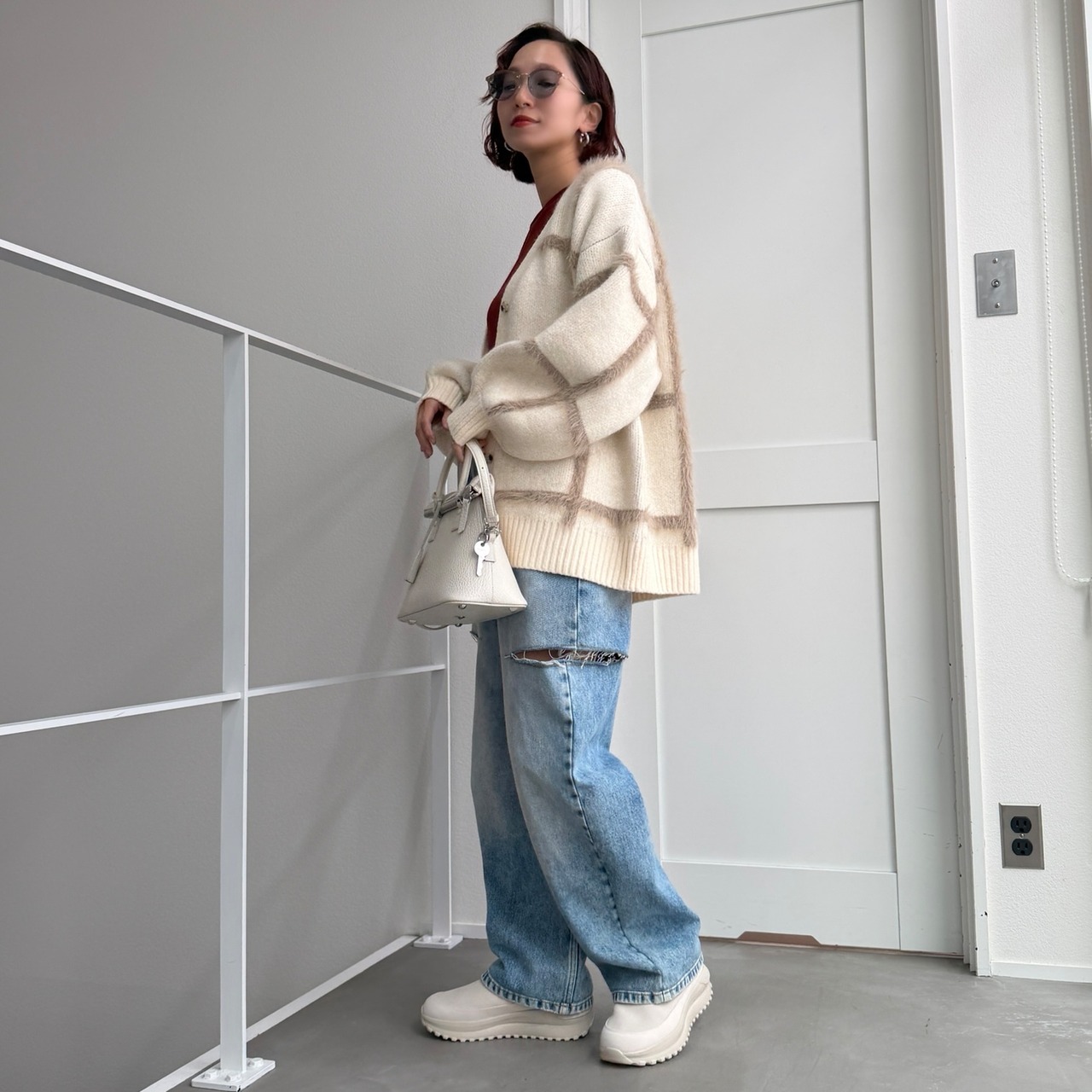 ラージチェックニットCD/アイボリー