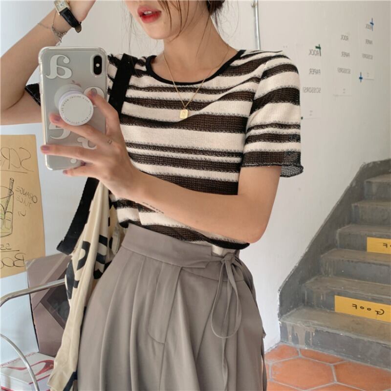 スタンダードストライプTシャツ サマースタイルルーズトップス レトロ 夏物 モンロー26306467405