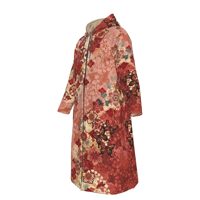 和紋様装飾　珊瑚色　ユニセックス　ベロア＆ボア　ロングコート