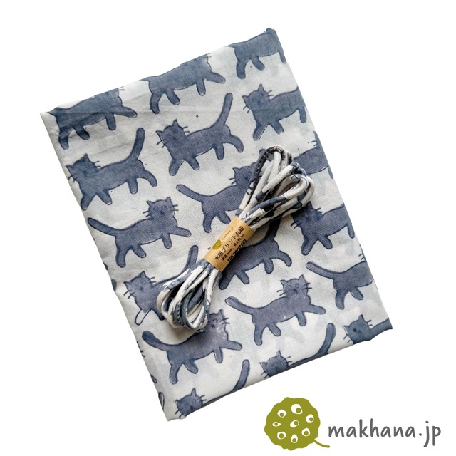 インド産ハンドブロックプリント生地＆丸紐のセット（生地1m＋丸紐2m）NHB172D 猫 ロシアンブルー