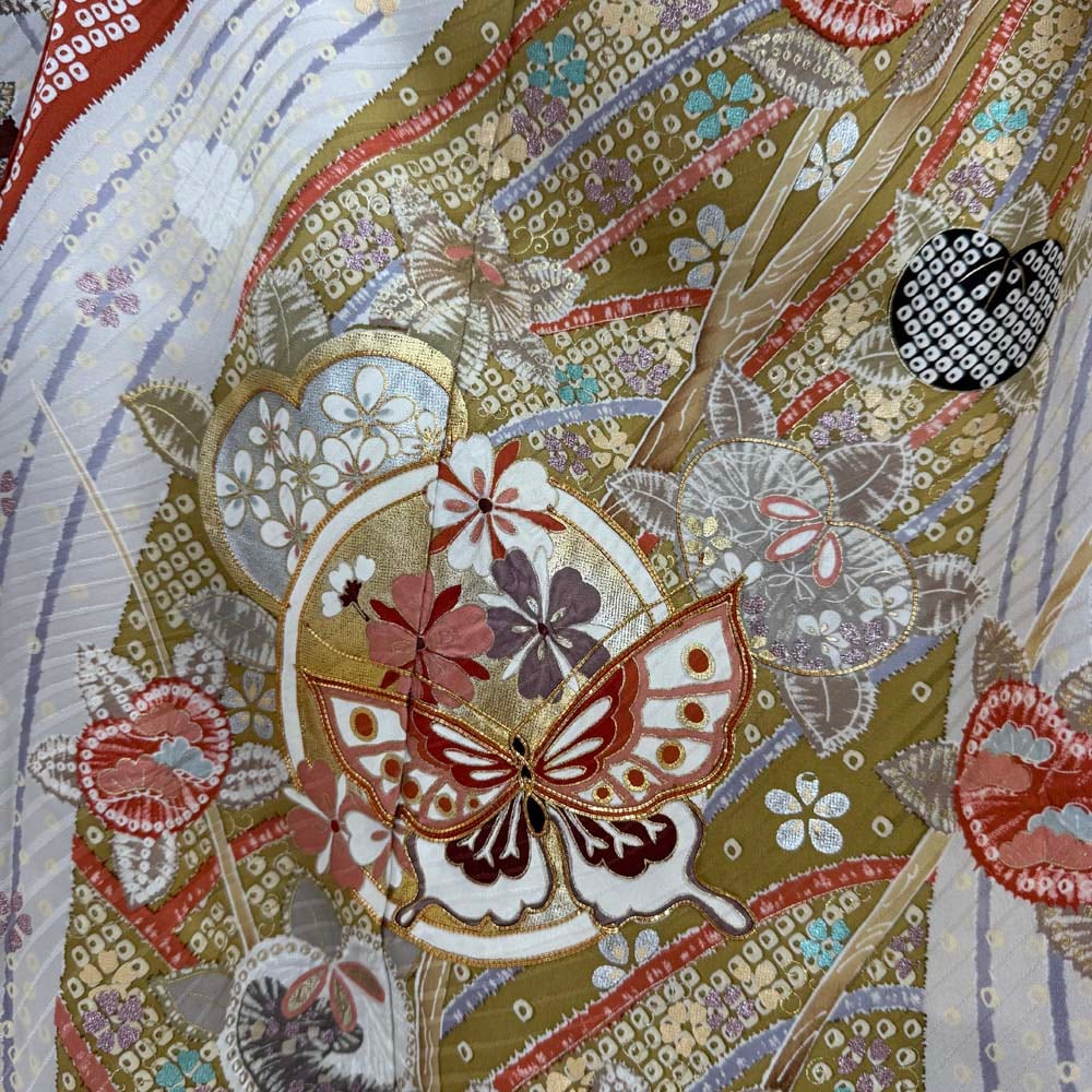振袖 中古 朱色 大正ロマン 風 正絹 古典 裄66.2cm 身丈162cm 美品 M