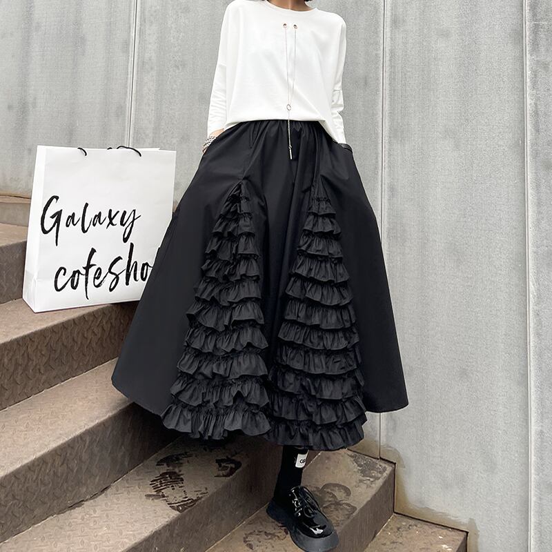 スカート スプリングブラックハイウェスト薄手Aライン 春物 ラブタオタオダレンハウス50606852850