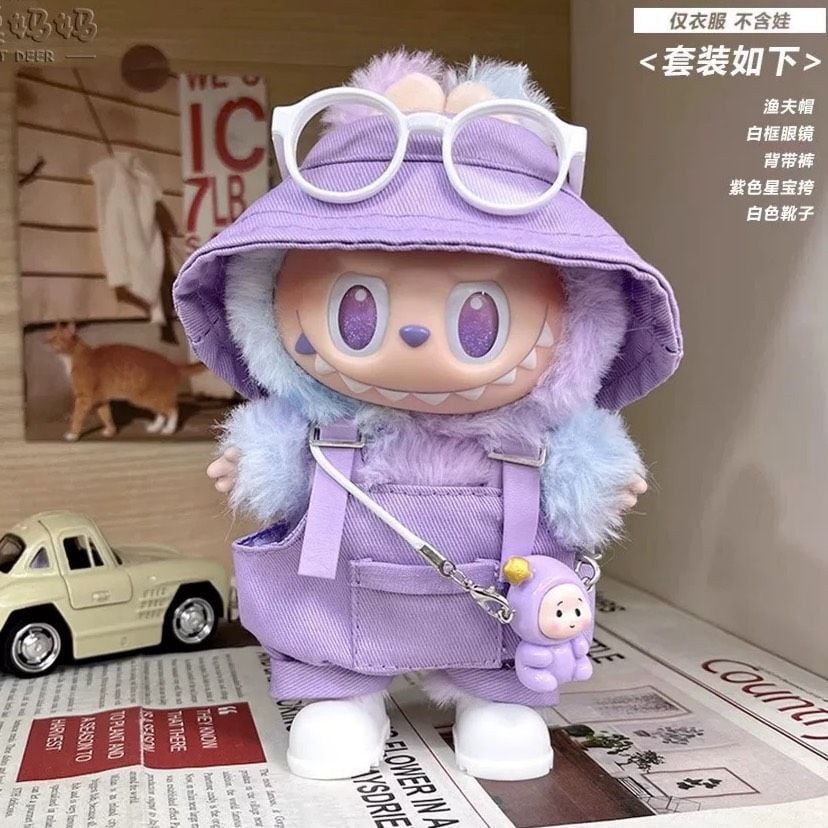 ラブブ服　3セット ぬい服 ラブブ 着せ替え服 パープルのオーバーオールとサングラス