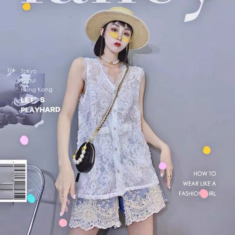 スプリングサマーレースルーズノースリーブTシャツ ショーツ 大きめサイズ 春物 夏物 ブルマー ミックスインファッション97155959850