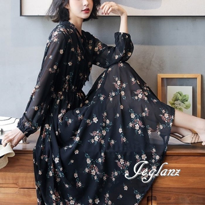 花柄 ロング丈 シフォン 切替 ワンピース スタンドカラー 肌透け(M4492)γα