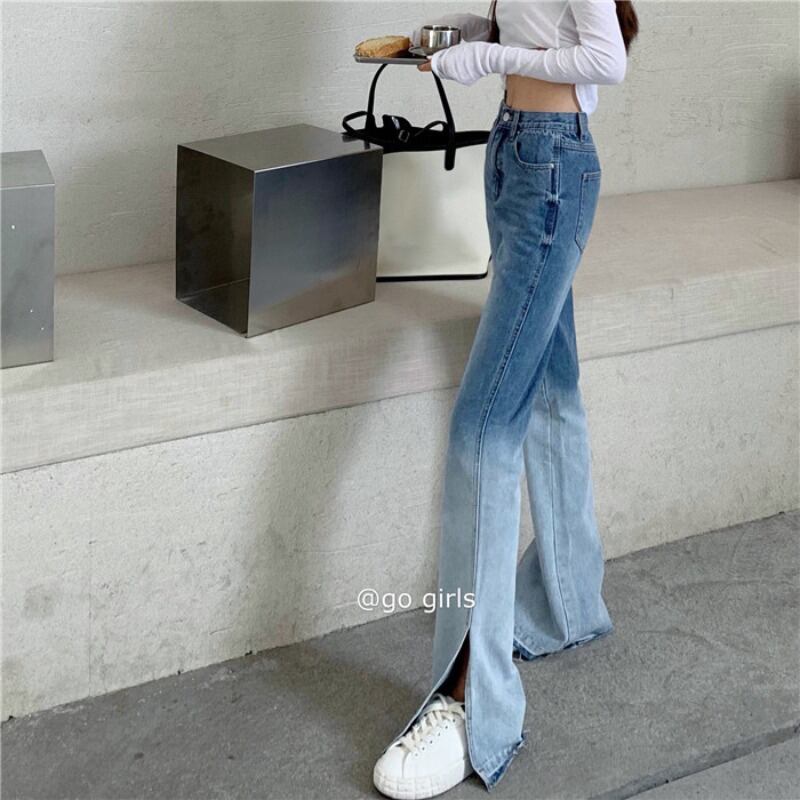 絞り染めスプリットハイウエストストレートジーンズレディース2020年秋新作オールマッチパンツルーズワイドレッグモップパンツ ブラックストロベリース76127854904