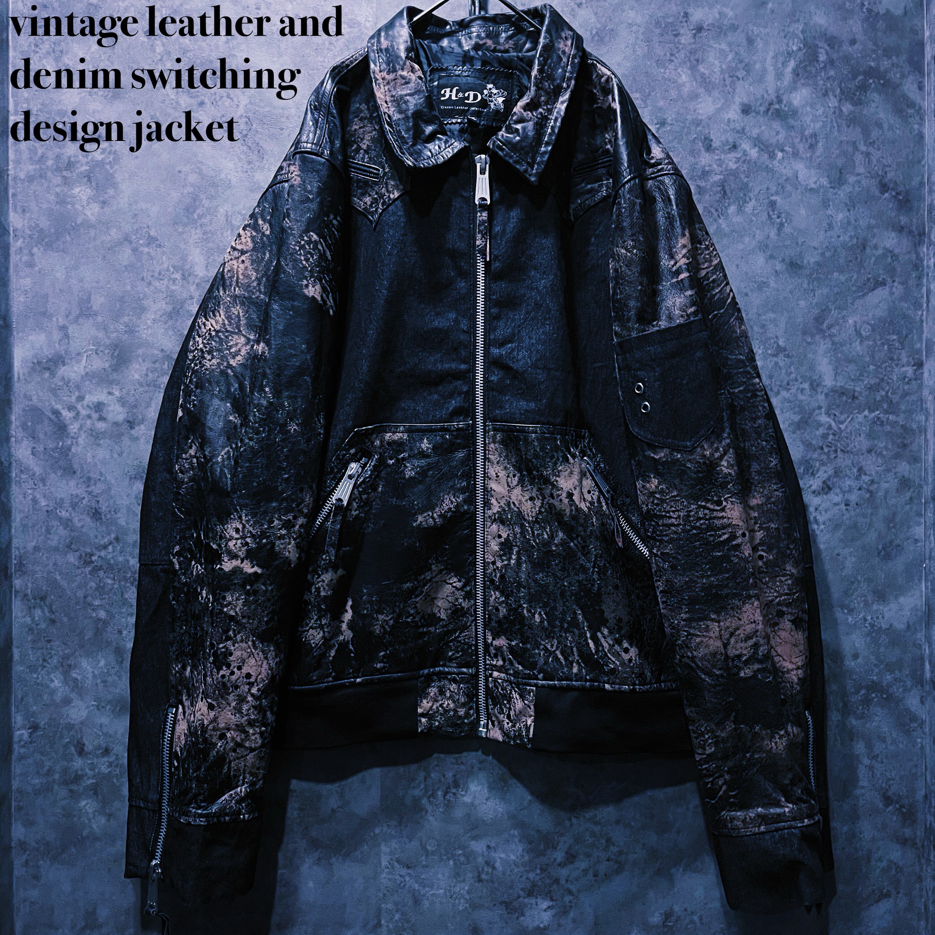 【doppio】vintage leather and denim switching design jacket
